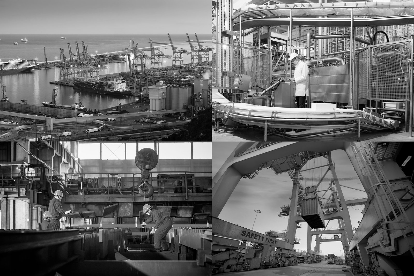 Foto mostrando imágenes representativas de la industria alimenticia, acero, logística y portuaria.